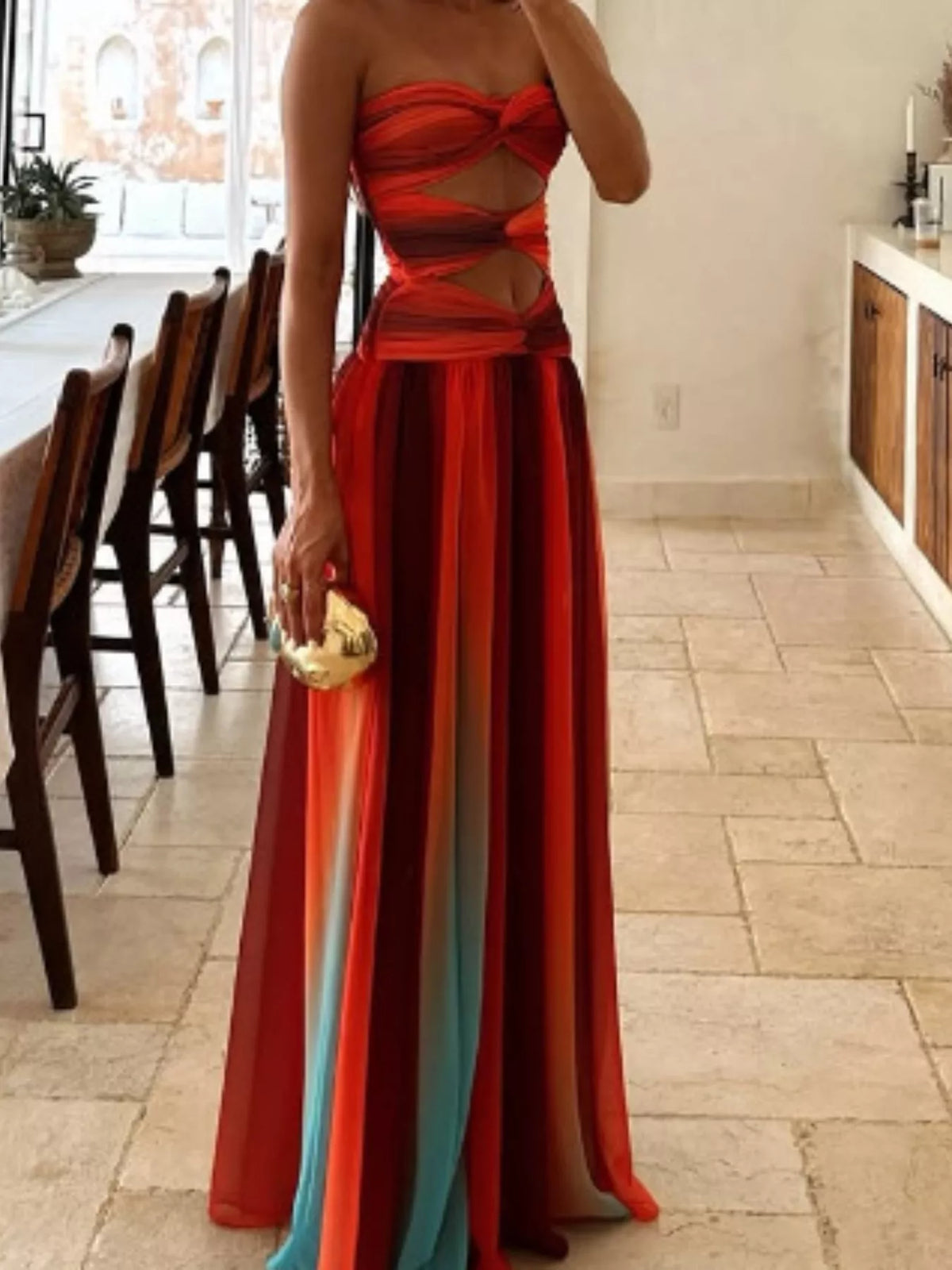 Orange red strapless cutout maxi dress, side view