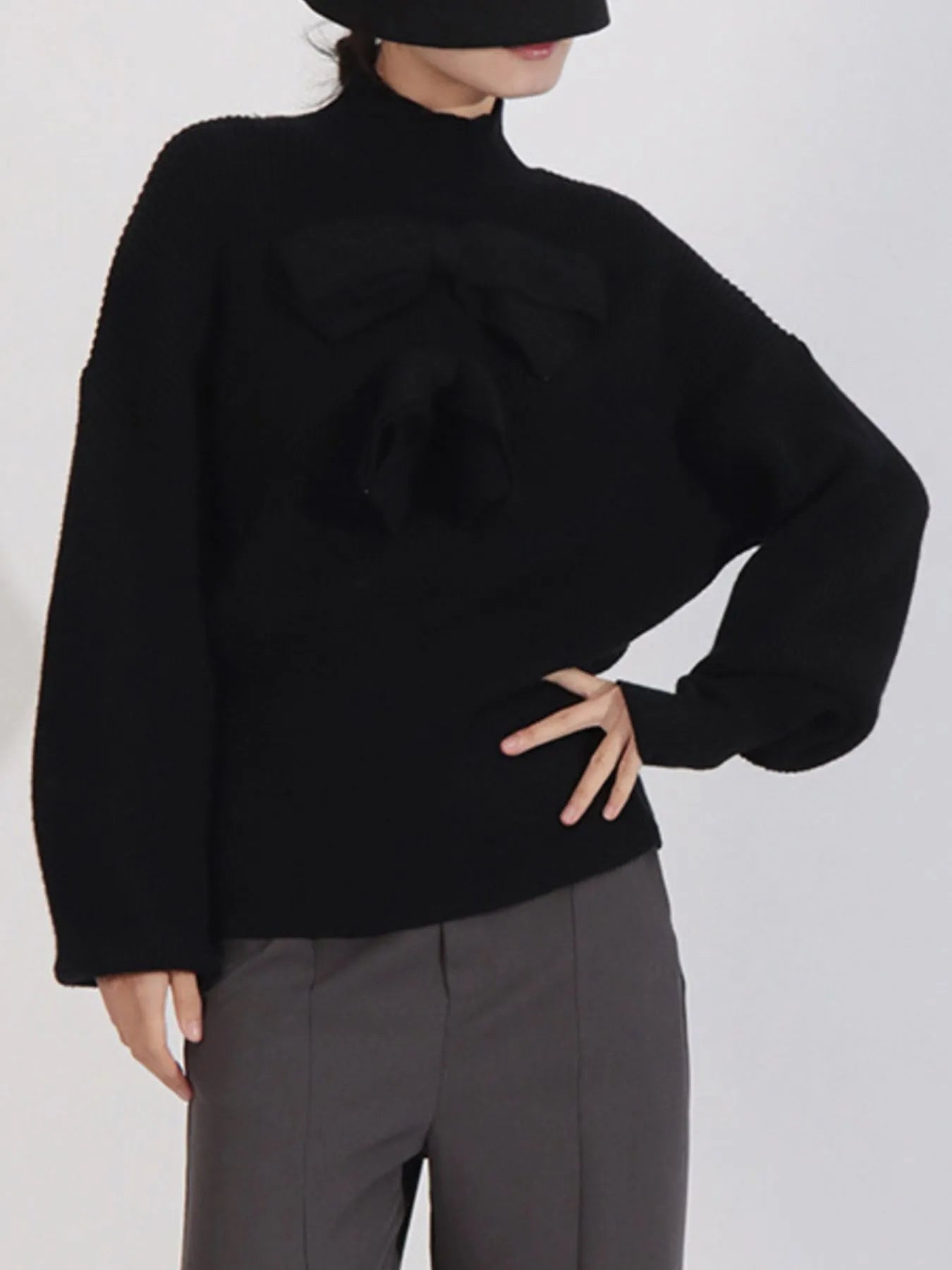 Bow Front Turtleneck Long Sleeve Sweater Black - Fashorio