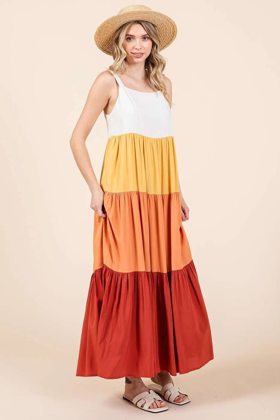 Mittoshop color block tiered maxi dress in apricot multi front view