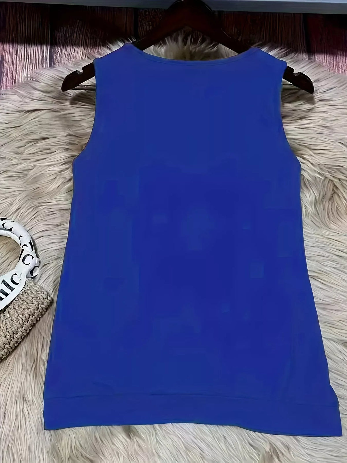 Blue eyelet ruched tank side view