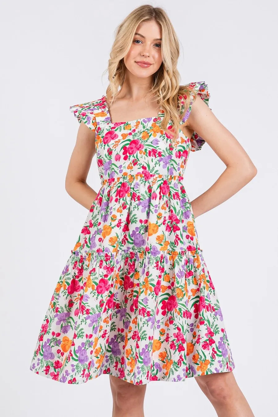 Floral Ruffle Shoulder A Line Mini Dress in Ivory back view