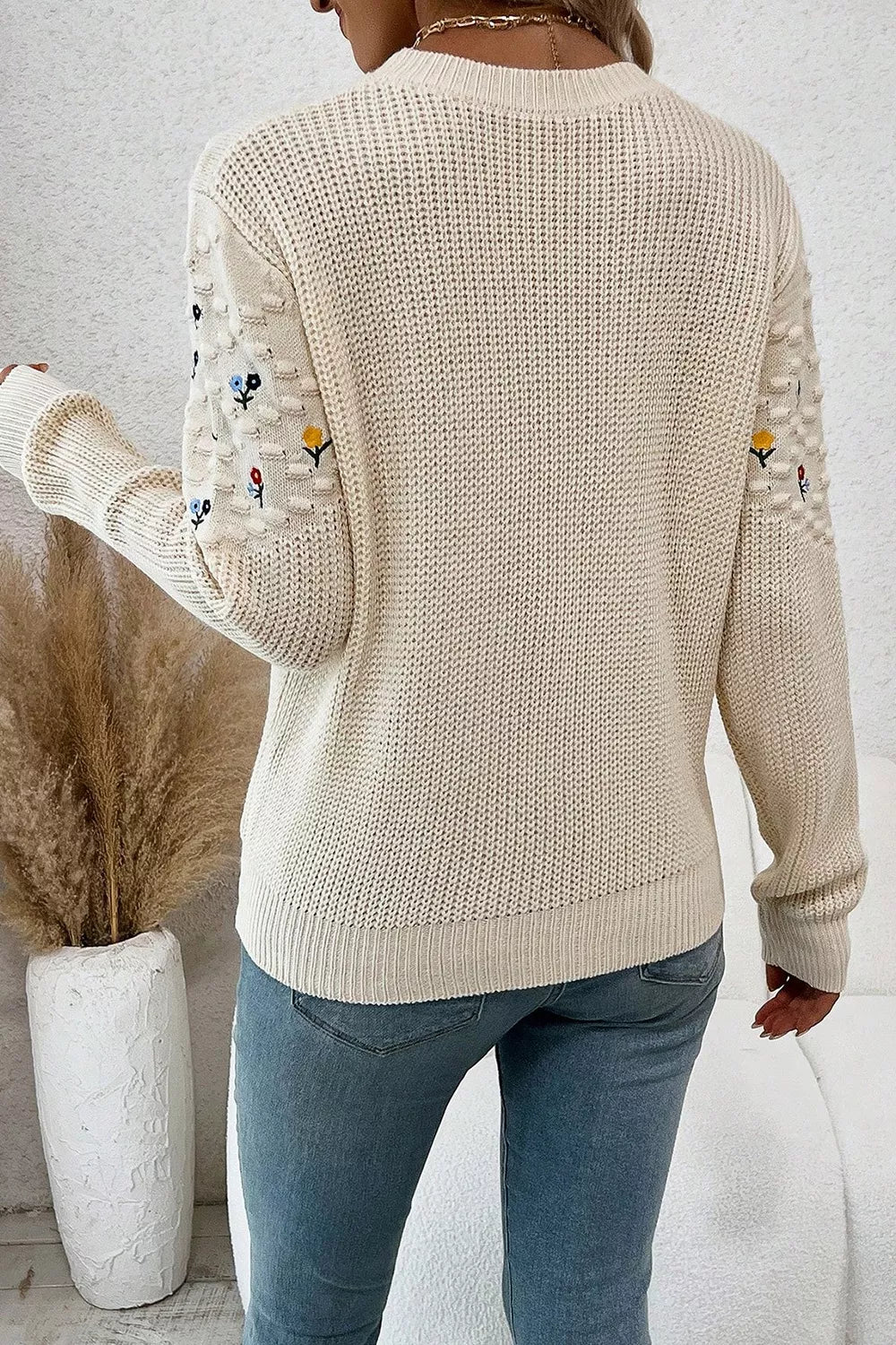 floral embroidered drop shoulder sweater beige styled full outfit