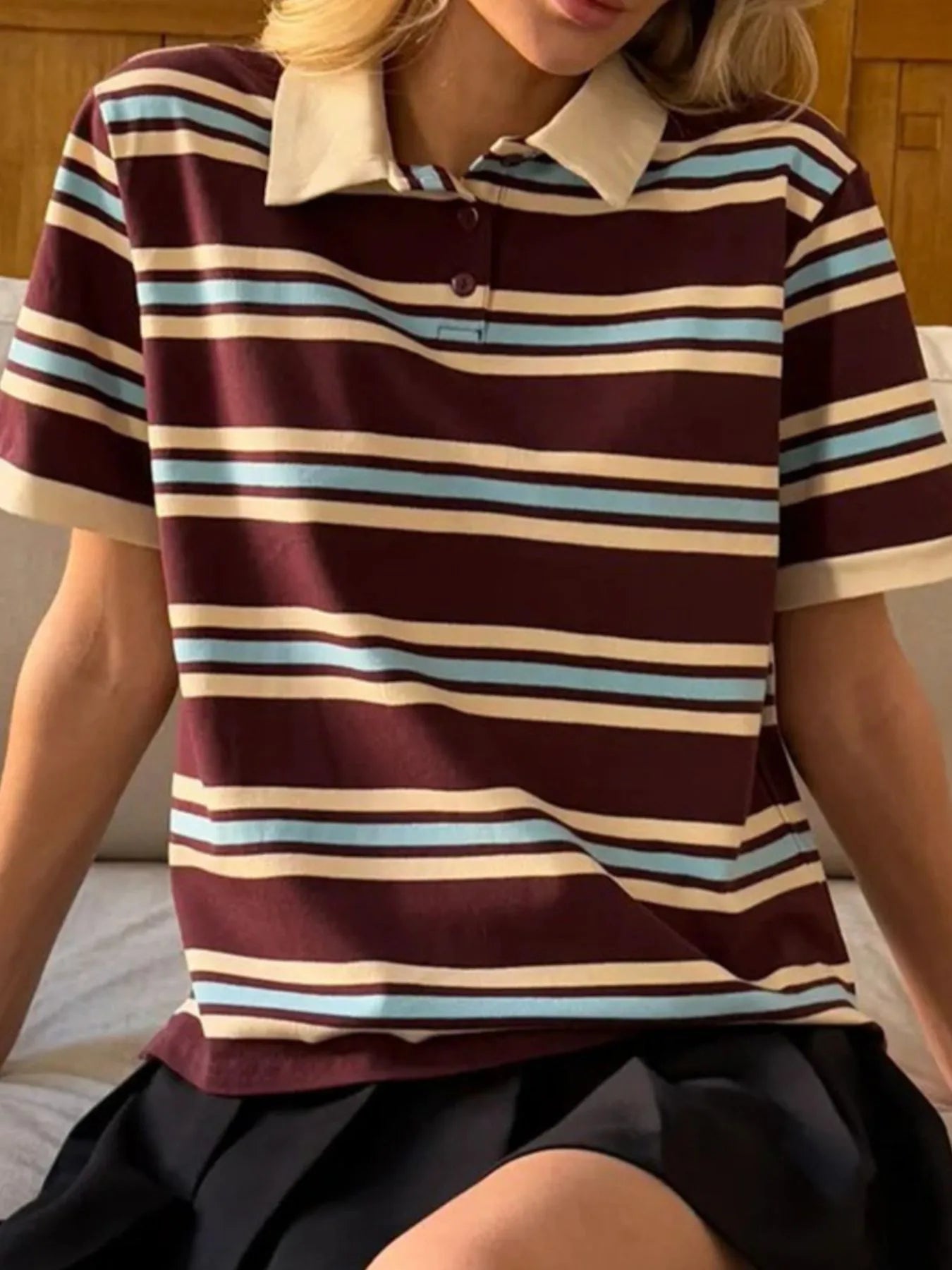 Striped Polo T-Shirt with Contrast Collar - Fashorio