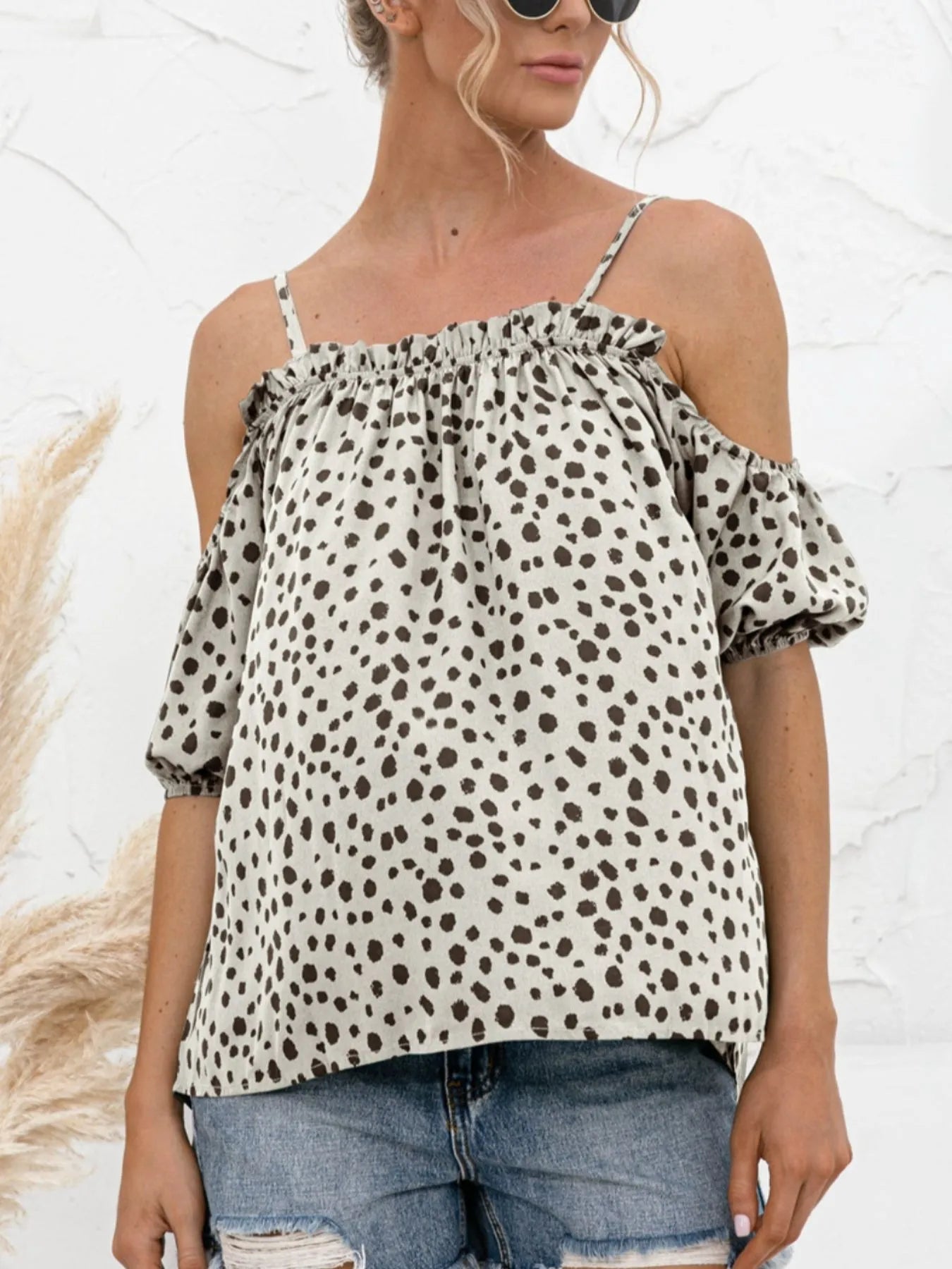 Puff Sleeve Polka Dot Ruffle Cami Top White - Fashorio
