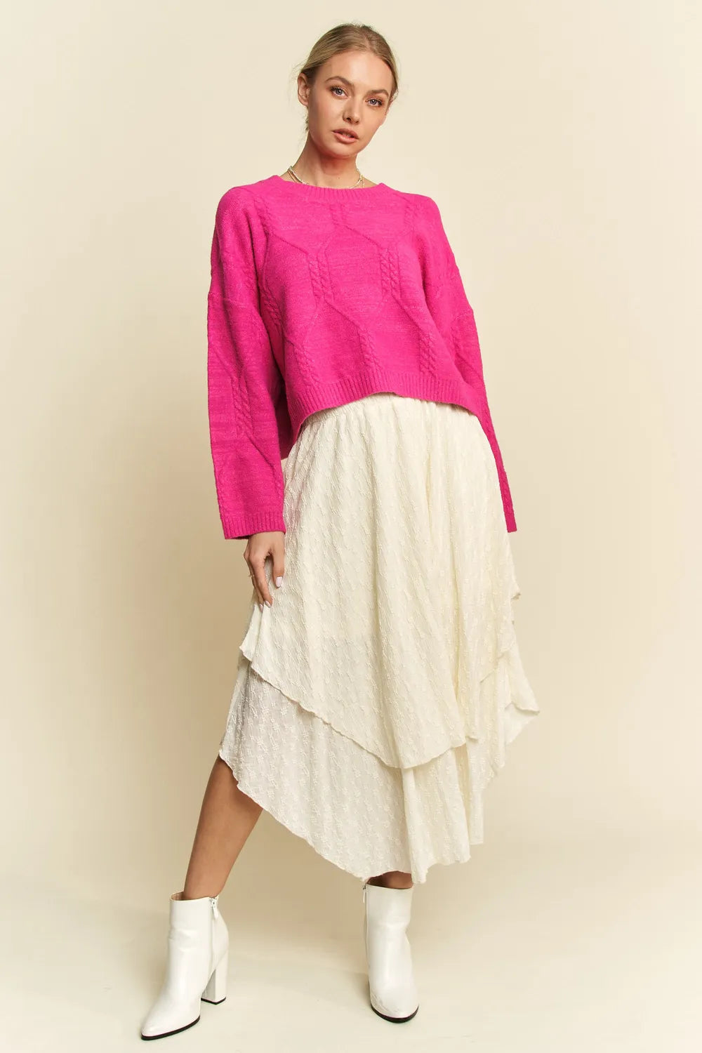 Diamond Cable Knit Drop Shoulder Sweater in Pink view 7