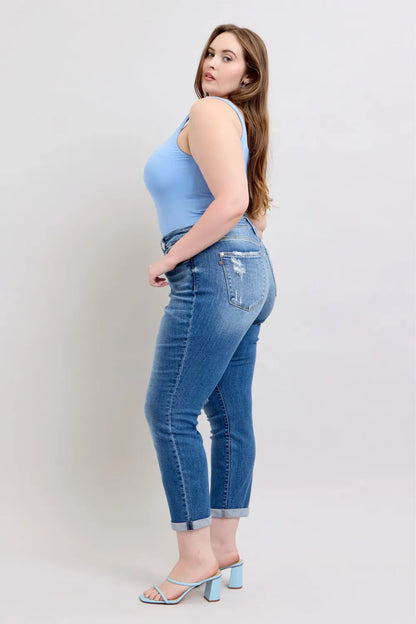 Judy Blue Full Size Button Fly Distressed Jeans with Pockets Plus Size - Fashorio
