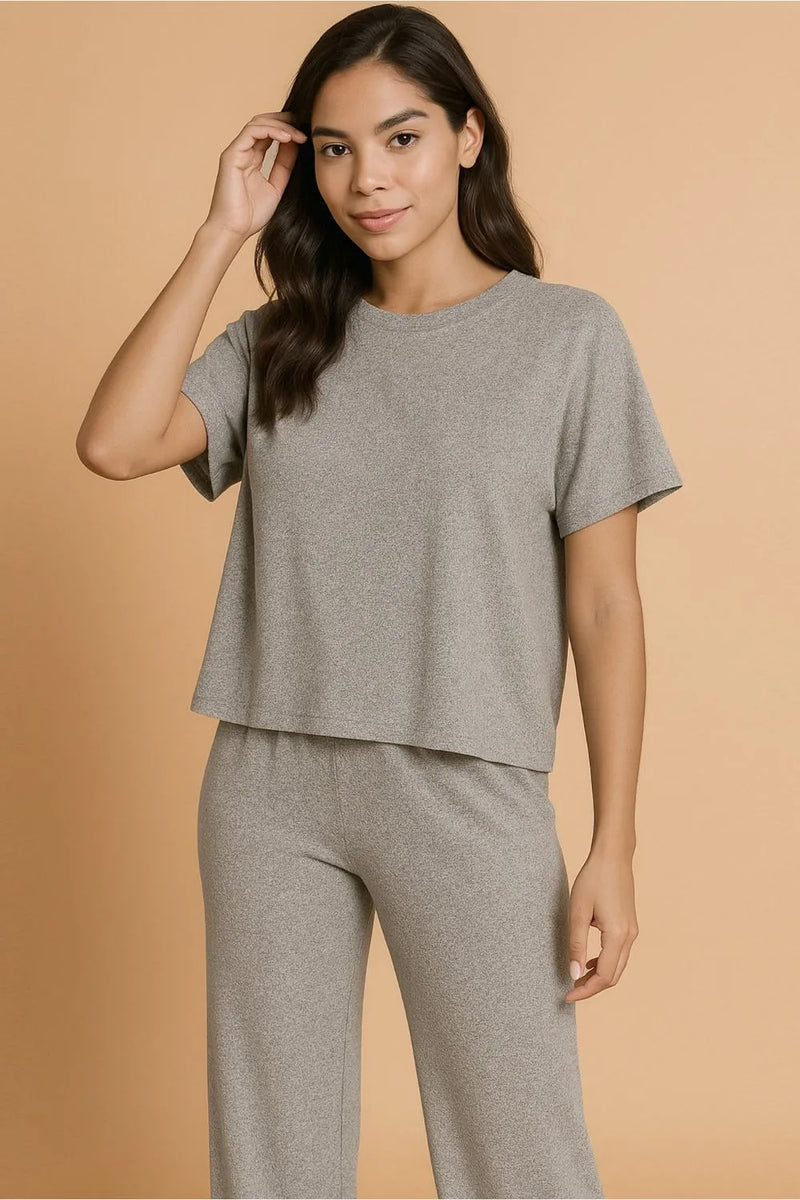 Soft Melange Short Sleeve Tee and Long Pants Set in gray front view