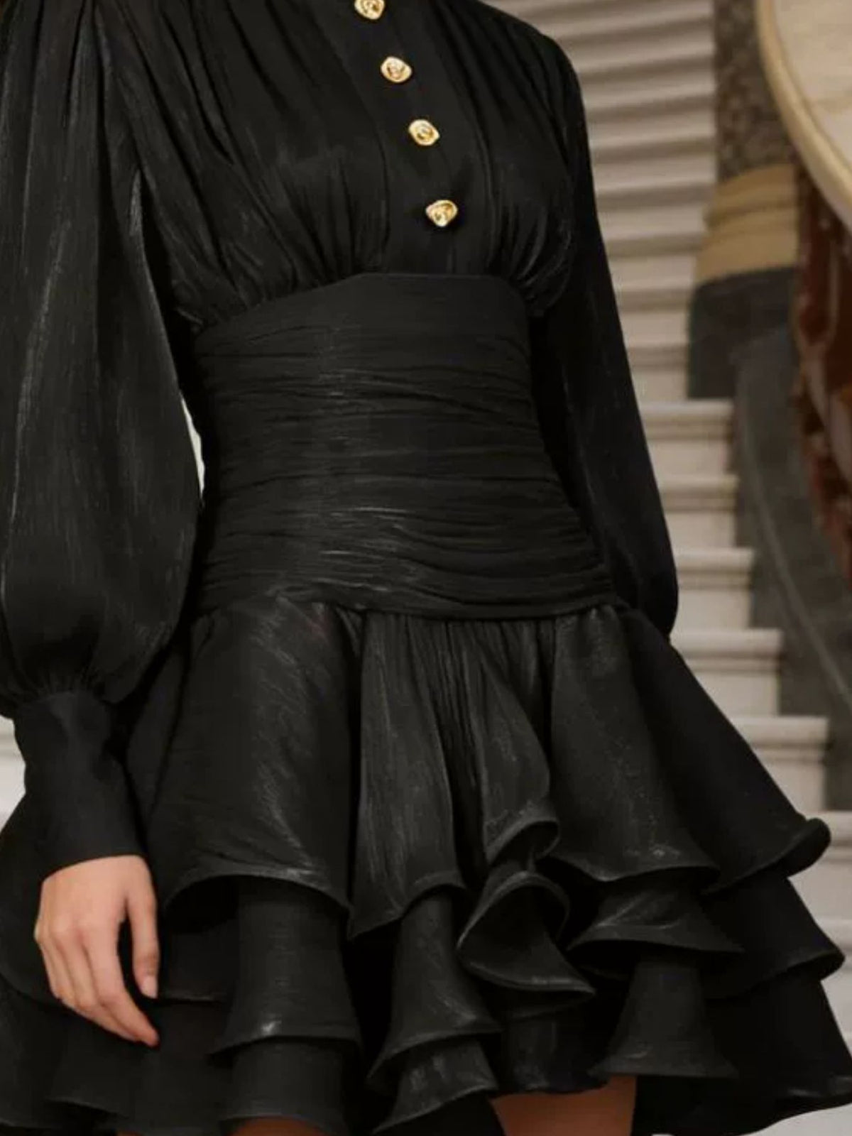 Ruffled layered lantern sleeve mini dress close up