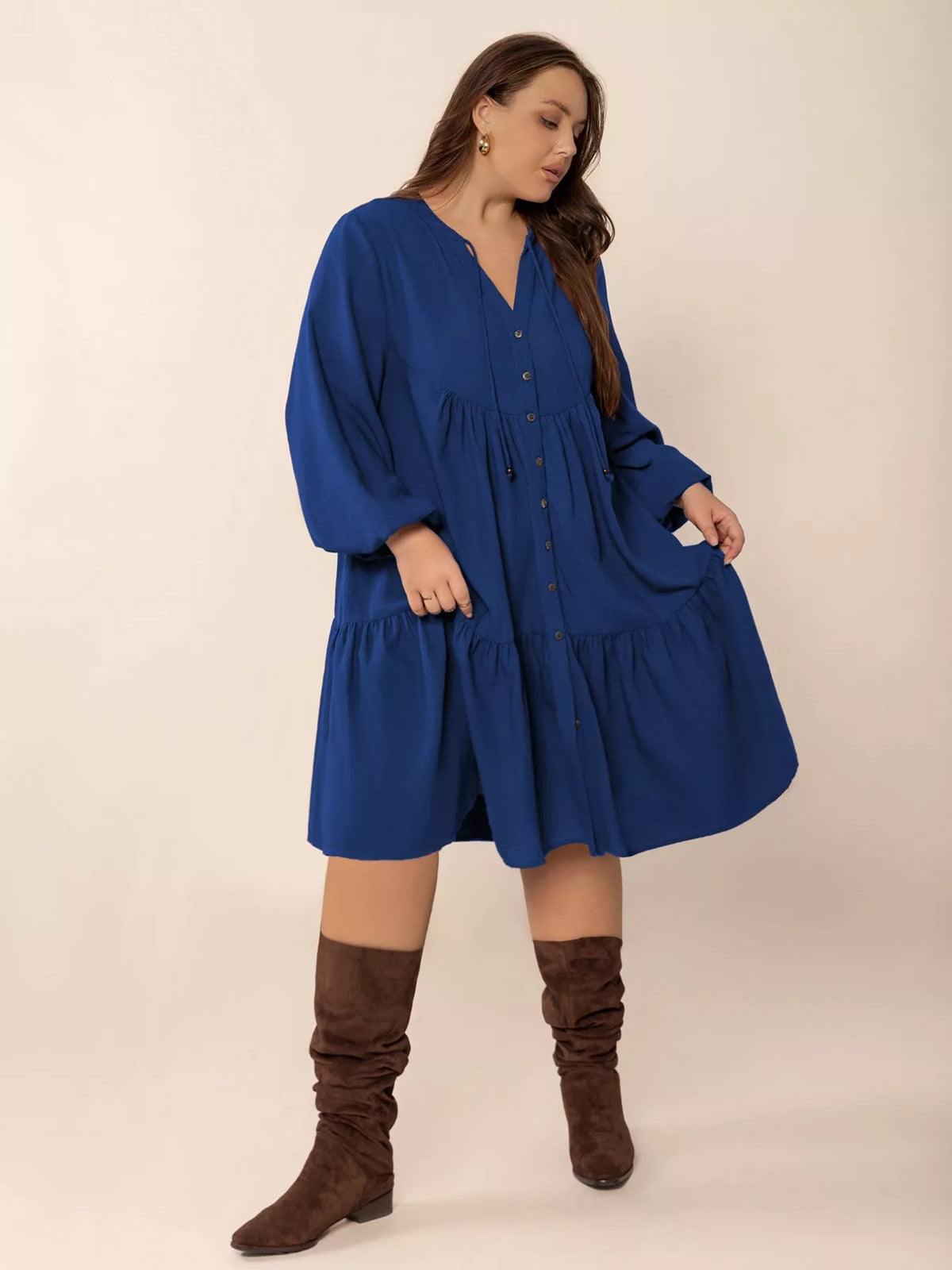 Blue balloon sleeve ruched waist dress full length