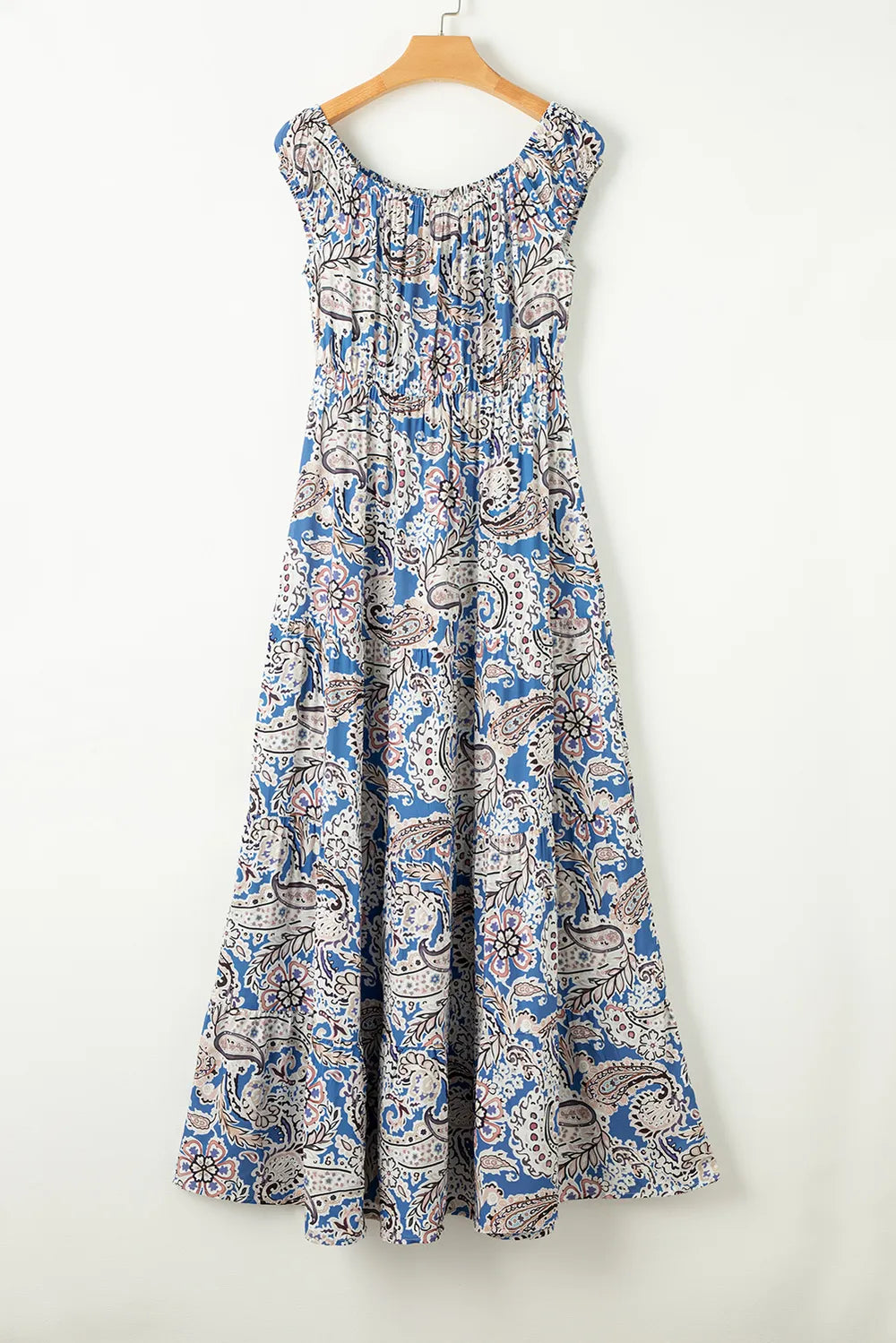 light blue printed off shoulder short sleeve maxi dress fabric detail