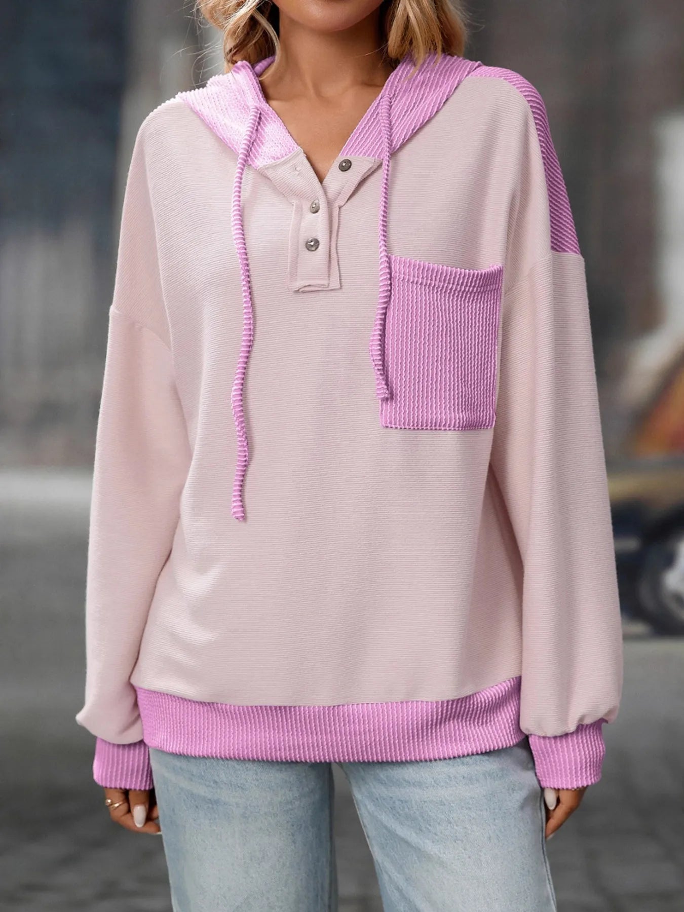 Drawstring Button Detail Long Sleeve Hoodie - Fashorio