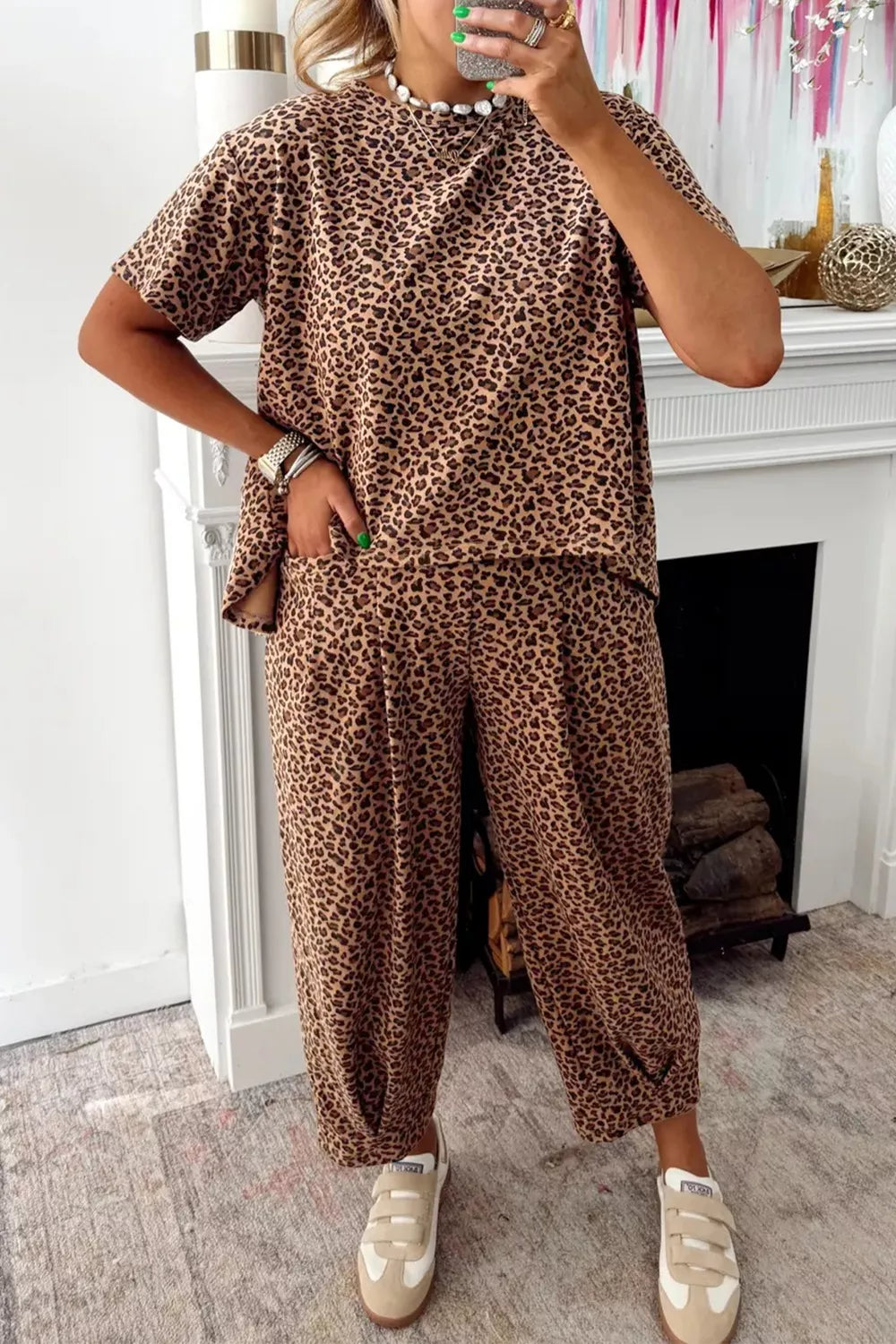 Leopard print relaxed fit two piece set front view