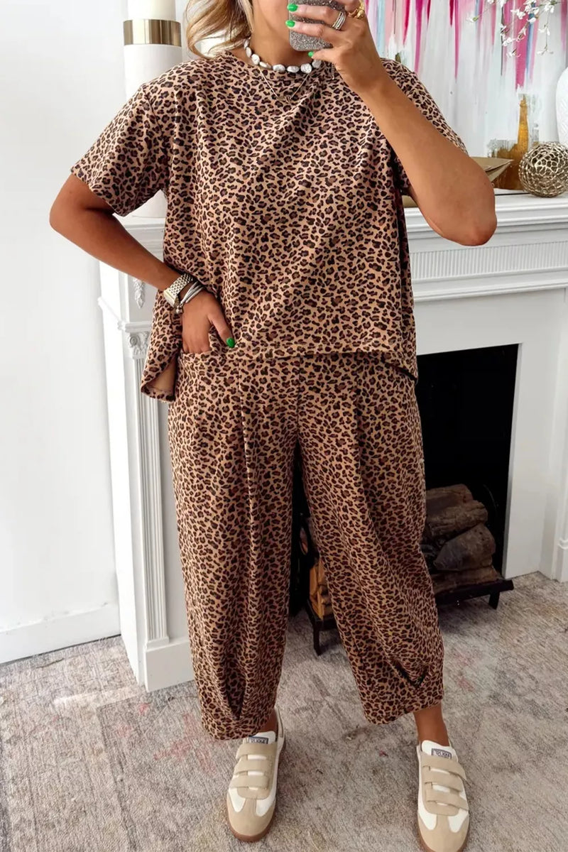 Leopard print relaxed fit two piece set front view