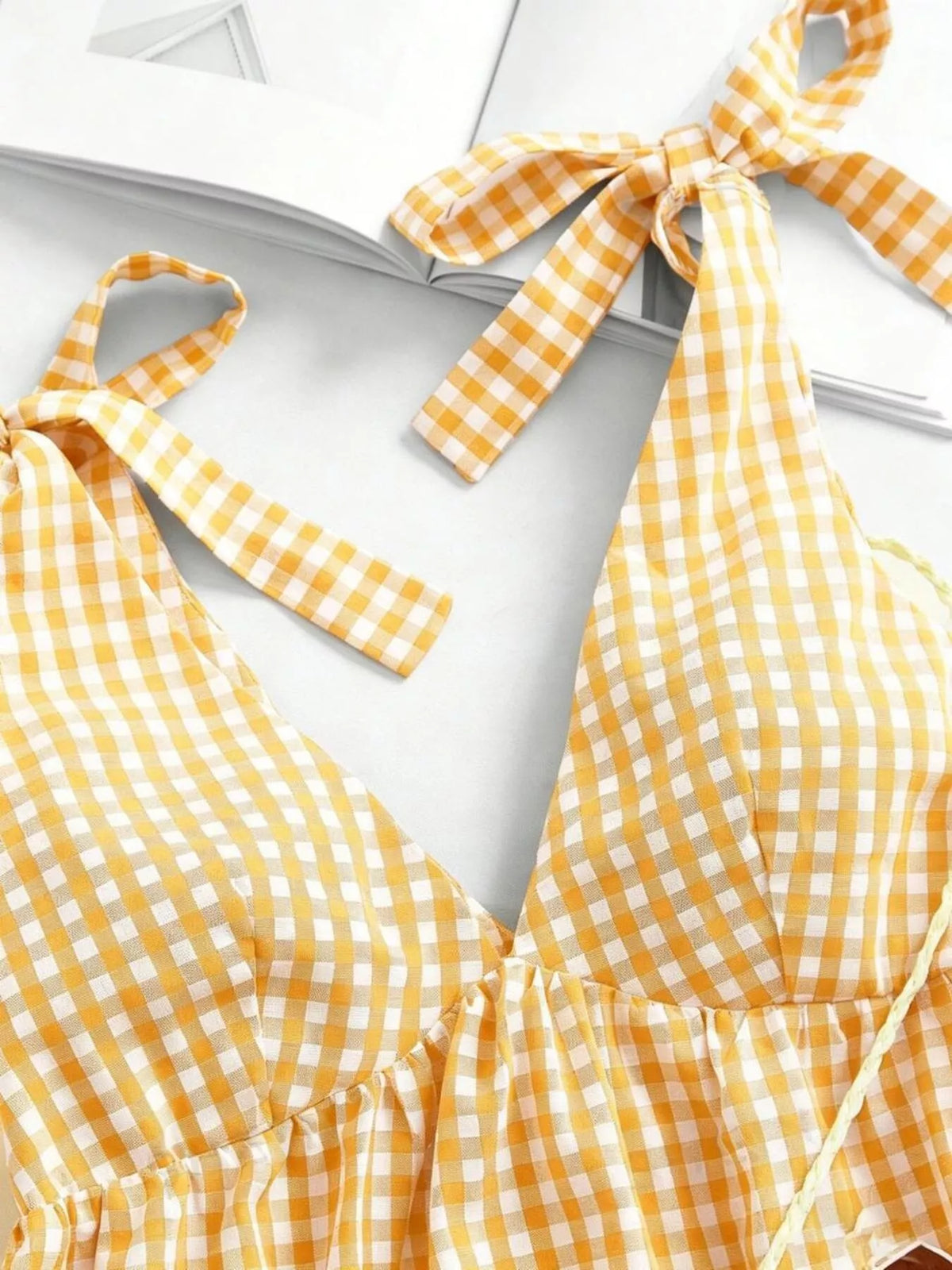 Yellow gingham mini dress angled view