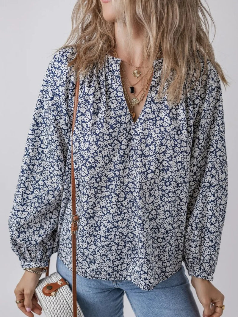 Floral print notched neck long sleeve blouse front view