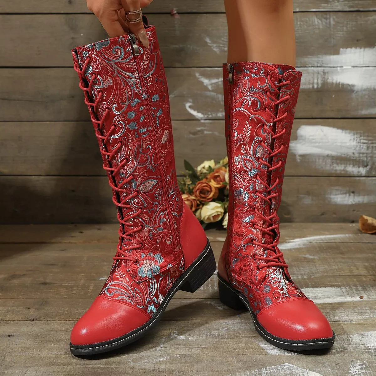 Embroidered Lace Up Block Heel Boots heel and sole detail
