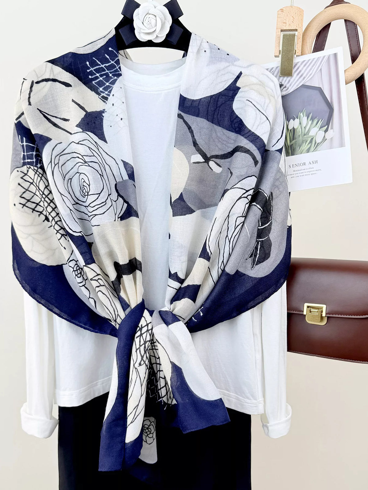 Flower print lightweight scarf fabric texture close up