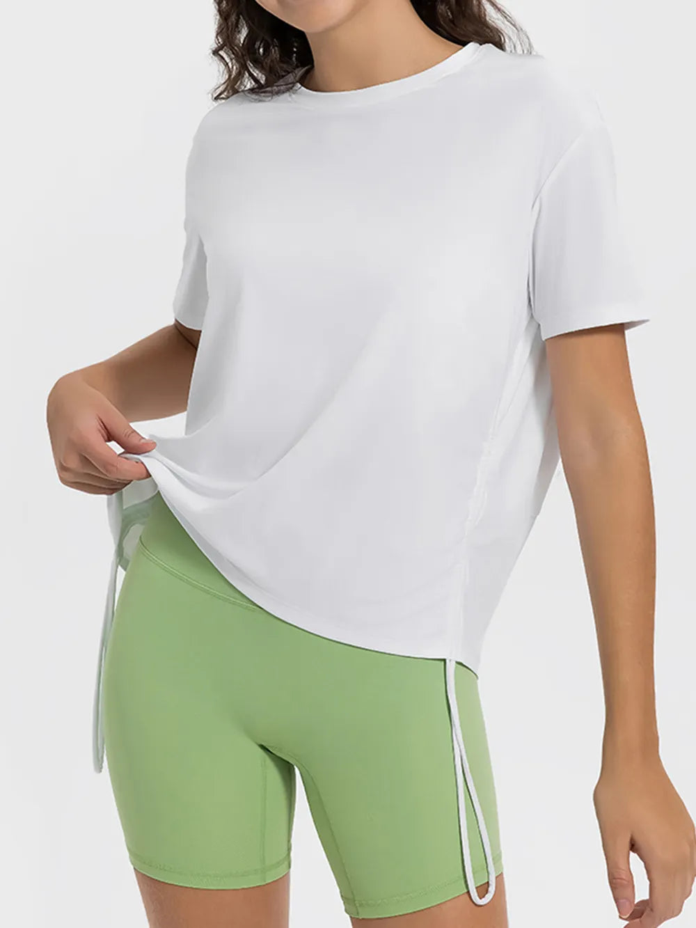 drawstring round neck active tee full length view