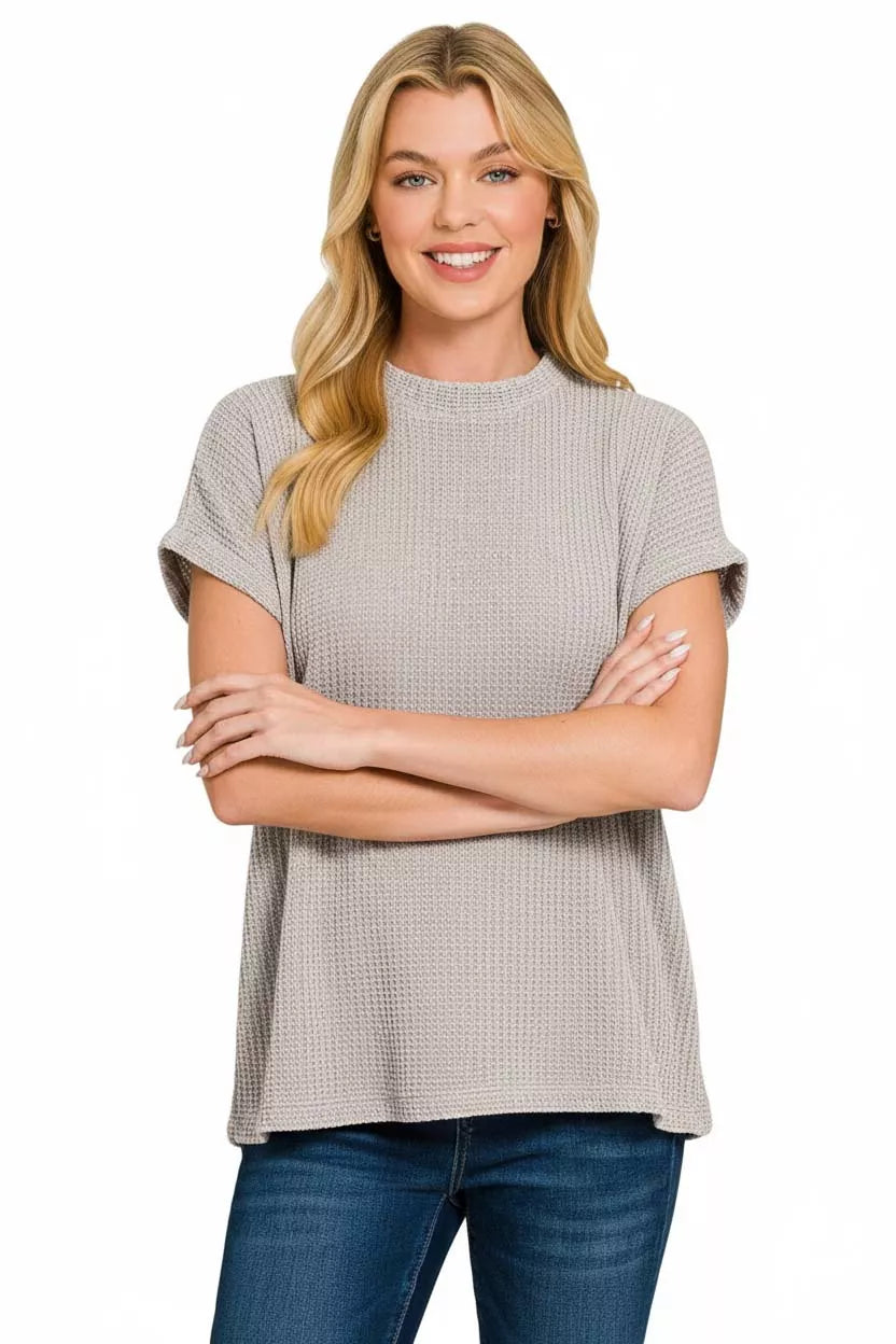 Chenille Waffle Cap Sleeve Sweater in Gray back view