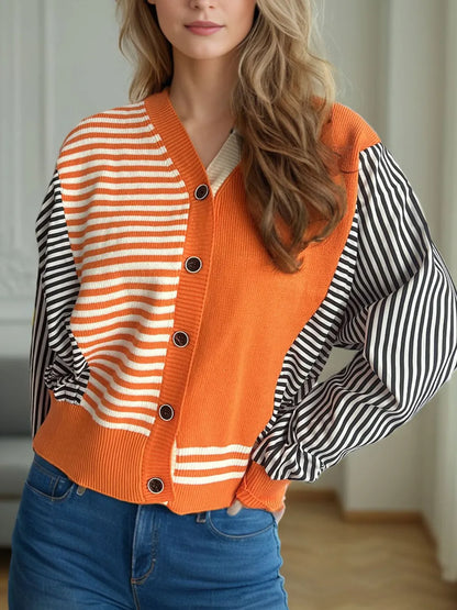 Striped Button Down Long Sleeve Cardigan - Fashorio