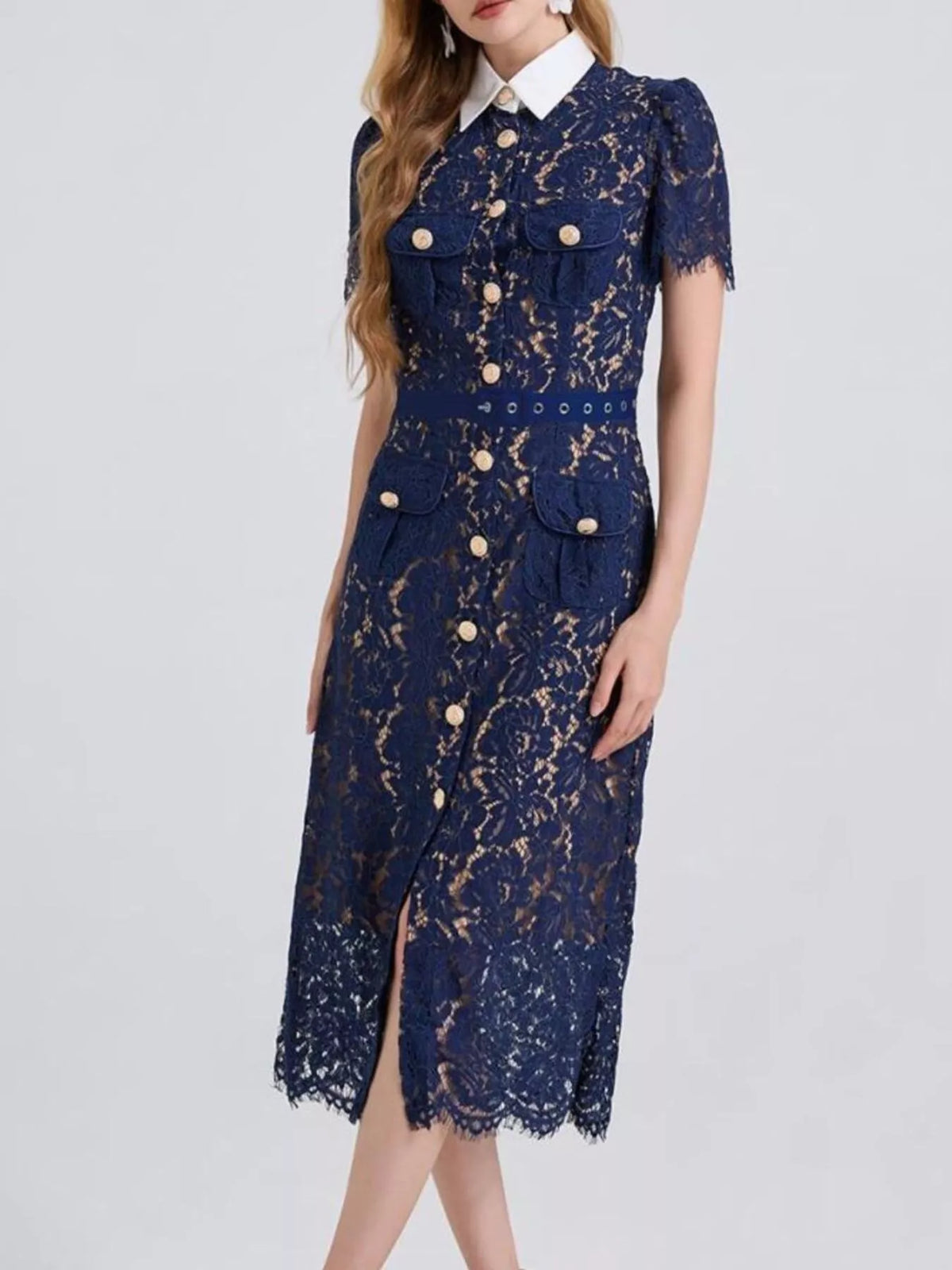 lace button down midi dress back view