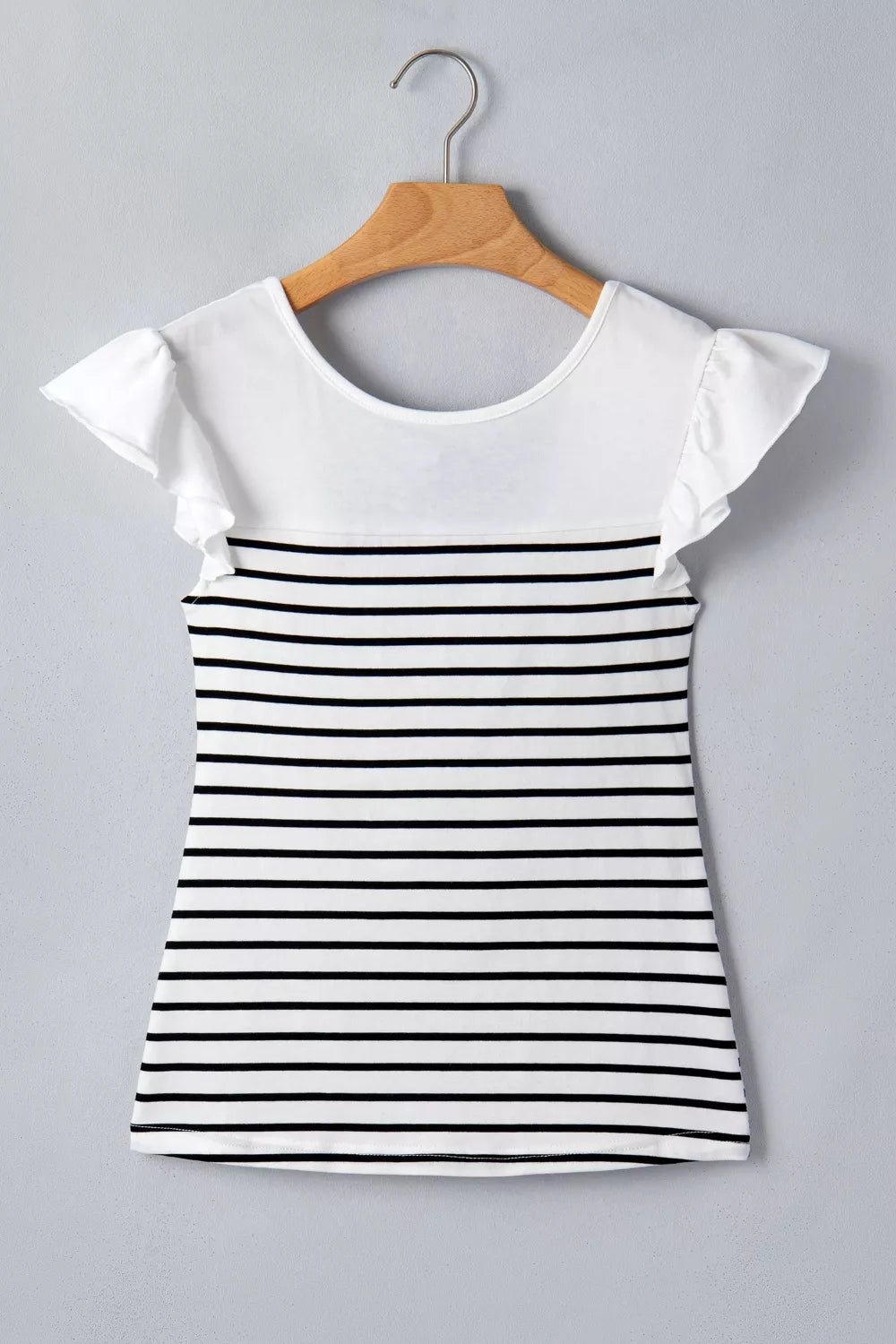 Back view of the white striped ruffle trim tank top
