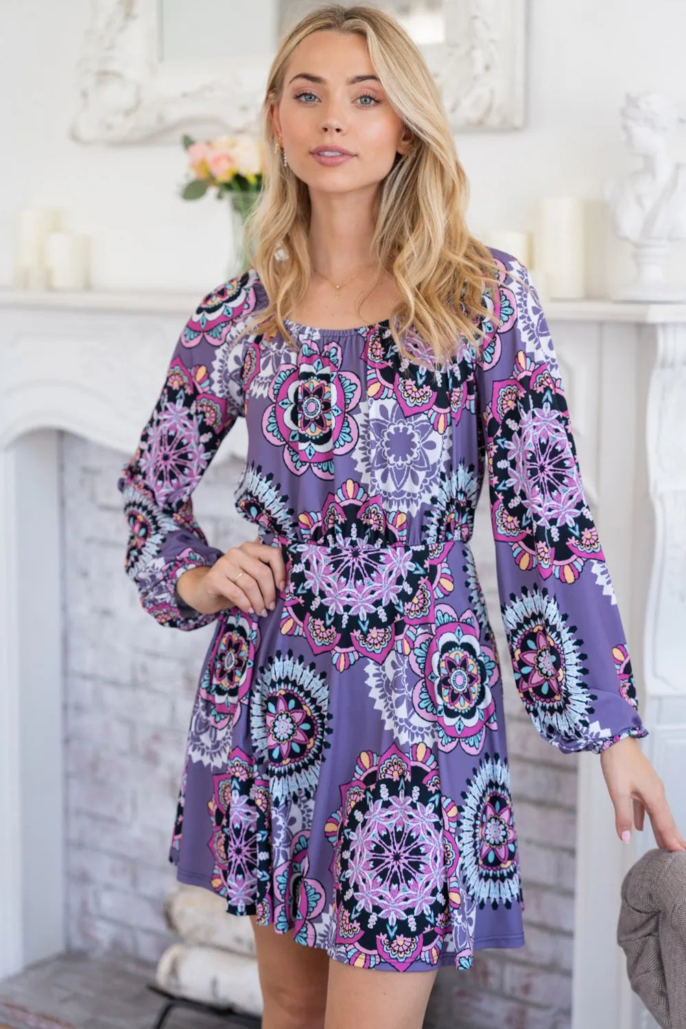 Printed Long Sleeve Mini Dress with Short Liner back view