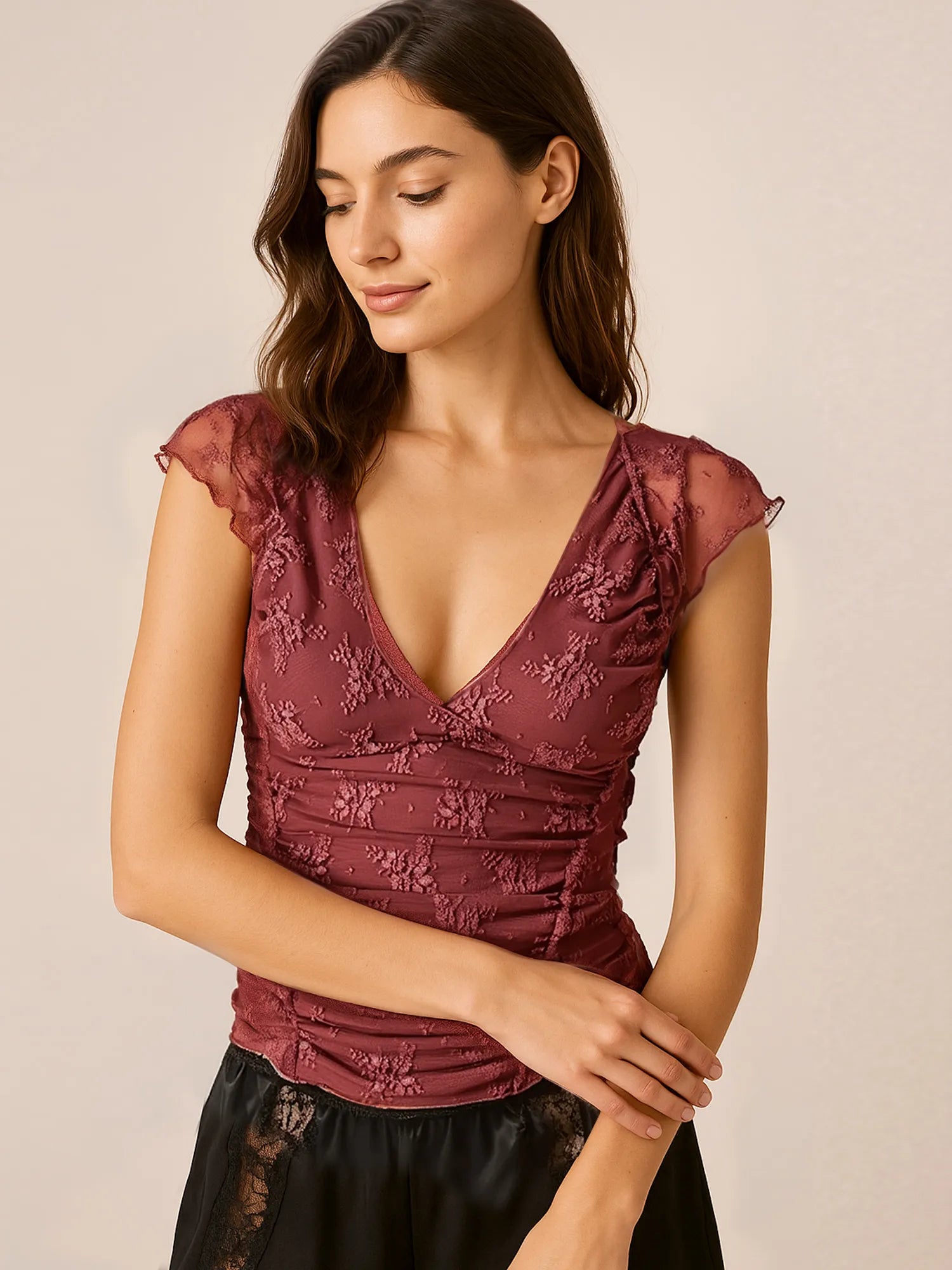 Lace Cap Sleeve Ruched T-Shirt Red - Fashorio