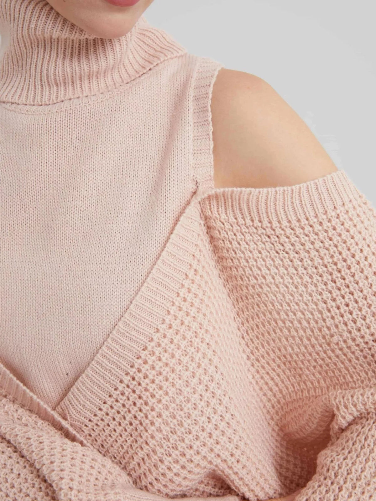 waffle knit cold shoulder turtleneck sweater back view