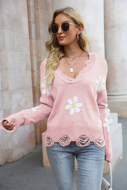 Flower Distressed Long Sleeve Sweater Blush Pink - Fashorio