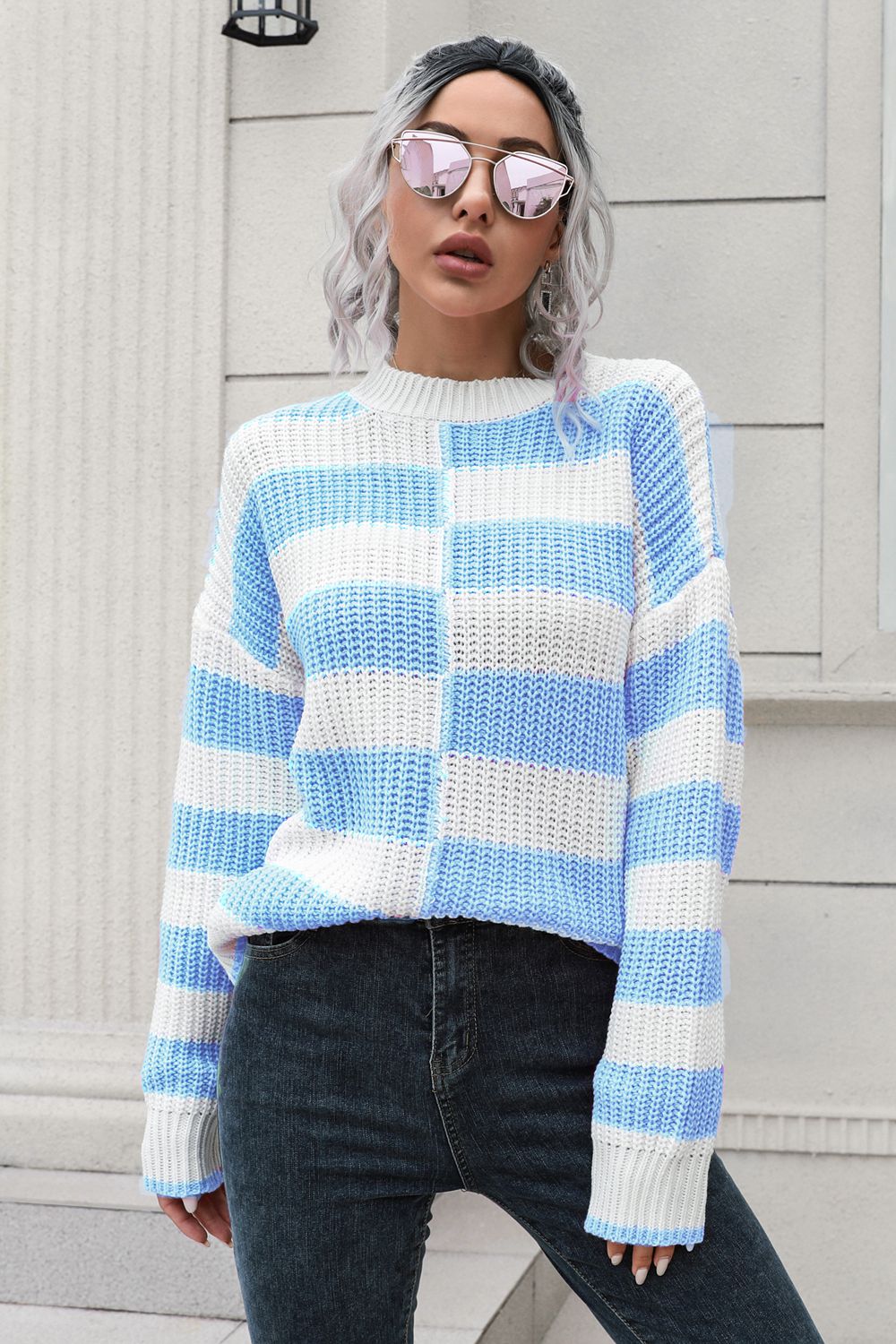 Color Block Dropped Shoulder Sweater Light Blue - Fashorio
