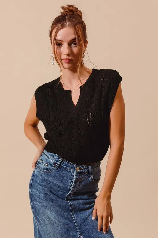 Notched Neck Cable Knit Sweater Vest in Black