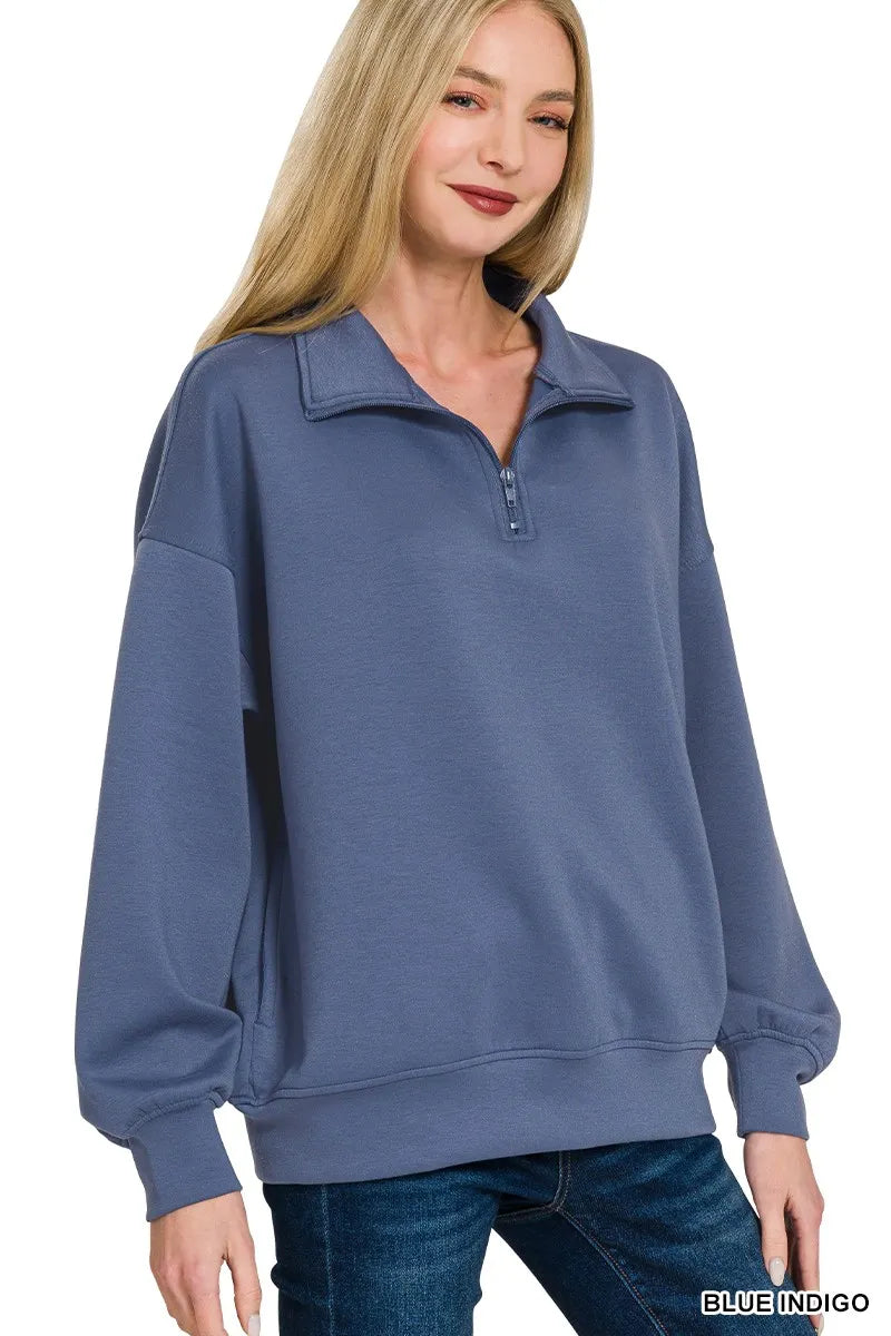 Zenana Scuba Quarter-Zip Sweatshirt BLUE INDIGO - Fashorio