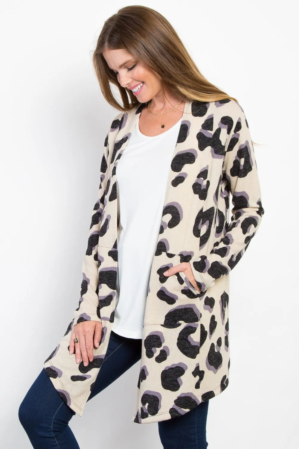 Be Stage Printed Open Front Knit Cardigan with Pockets - Fashorio