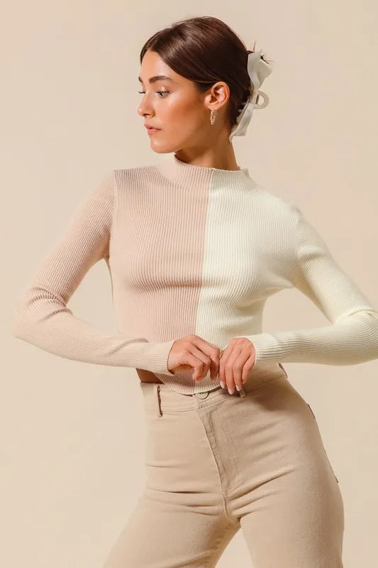 Color Block Fitted Cropped Sweater Top in Taupe and Ivory side view