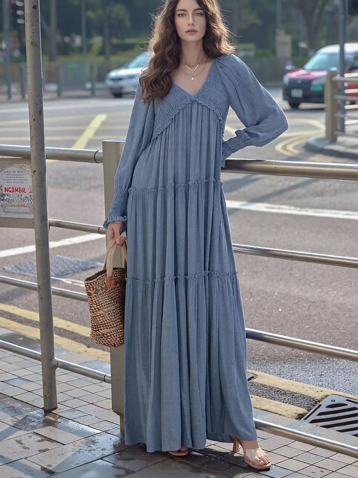 v neck long sleeve tiered maxi dress close up 2
