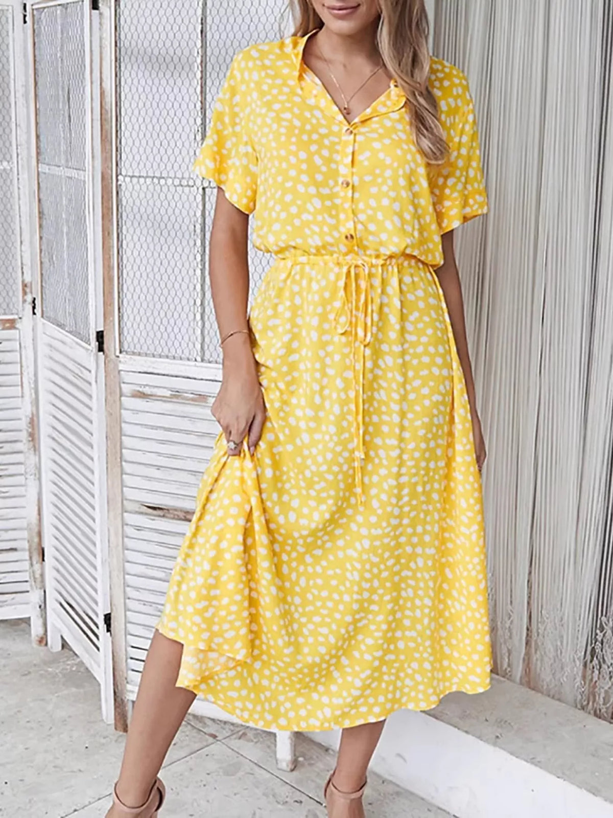 Polka dot button front midi dress front view