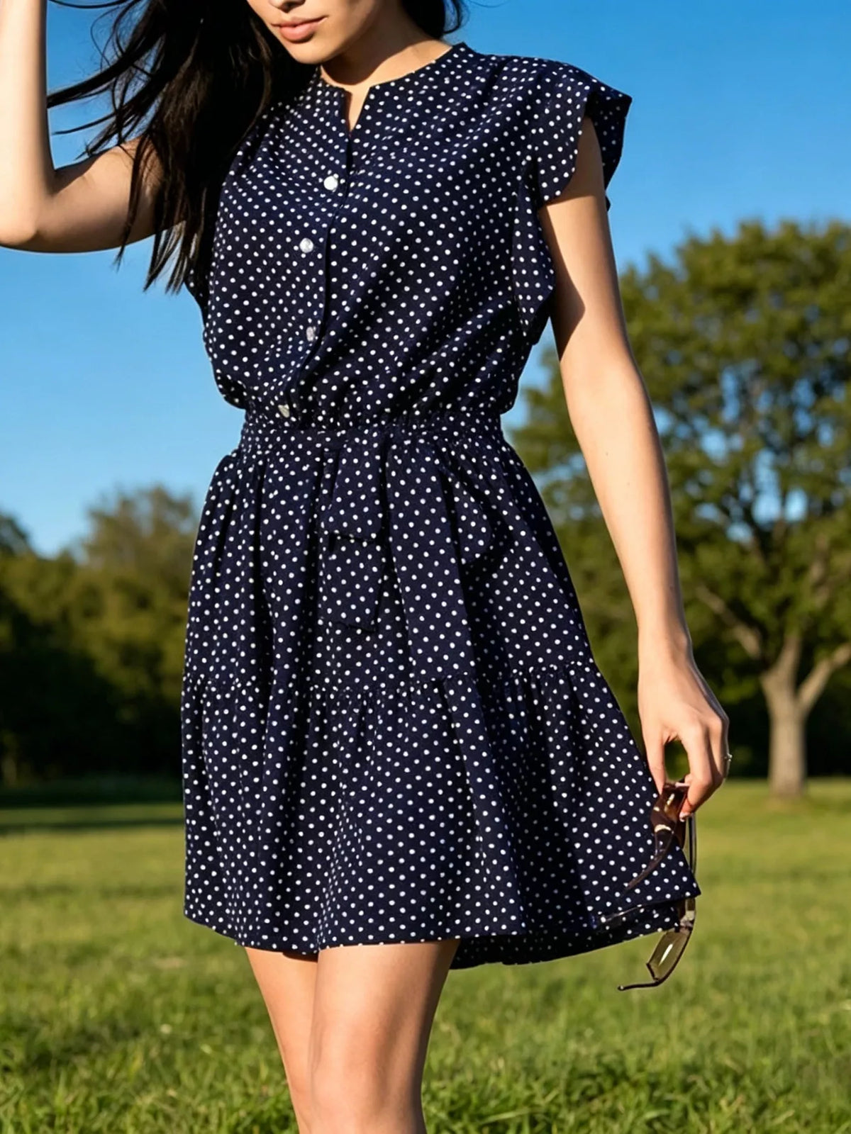 Polka dot ruffle sleeve tie waist dress apricot front view