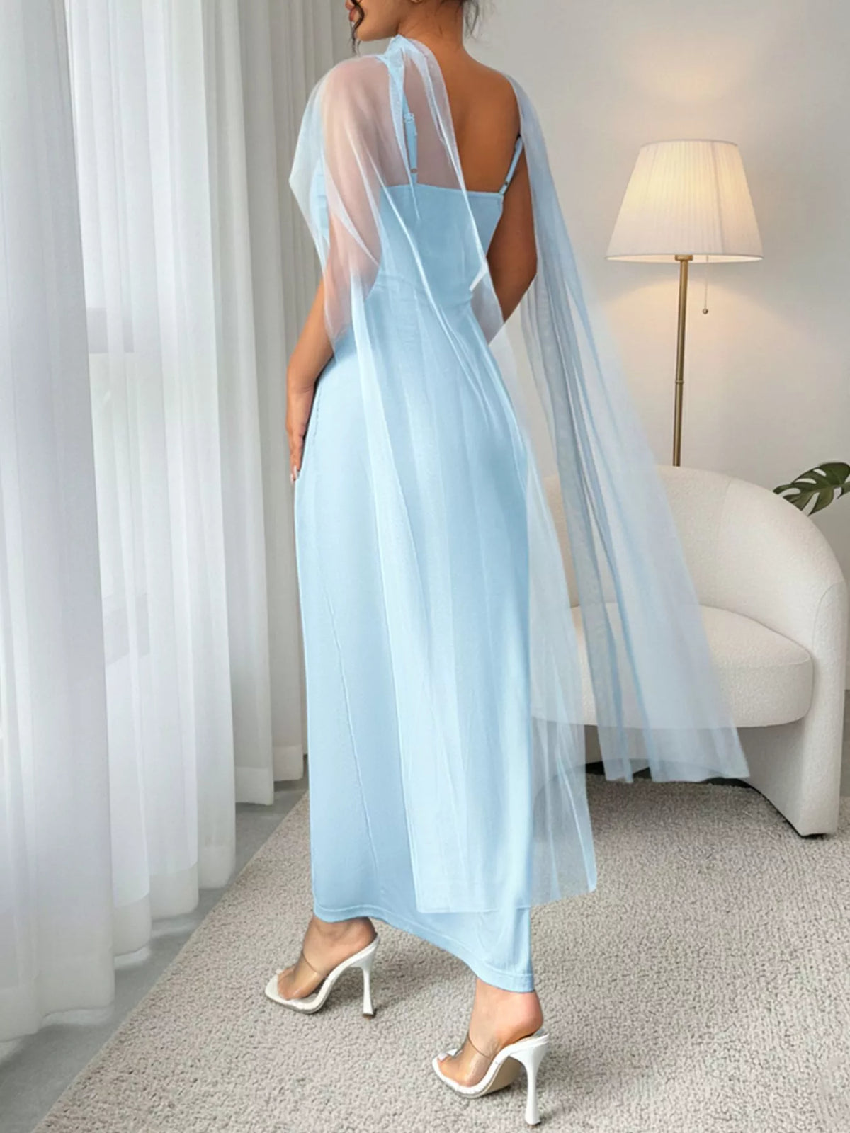 blue ribbed scoop neck bodycon maxi dress with mesh detail front view