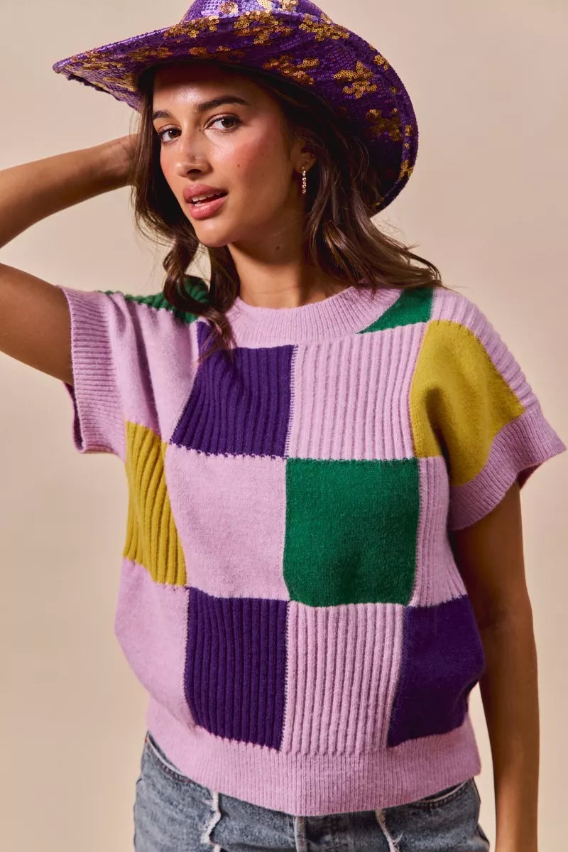 Check Plaid Casual Sweater Top in Lavender view 15