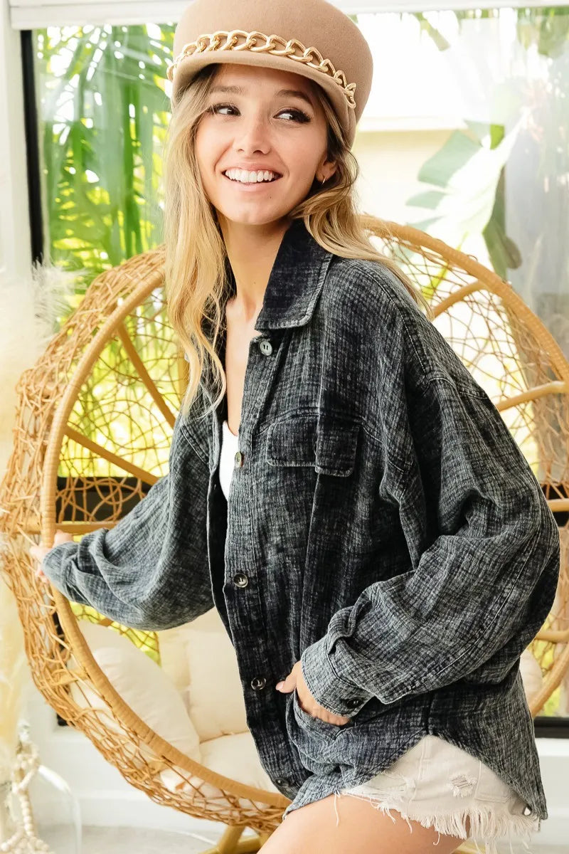 BiBi Vintage Washed Wrinkle Gauze Shacket - Fashorio