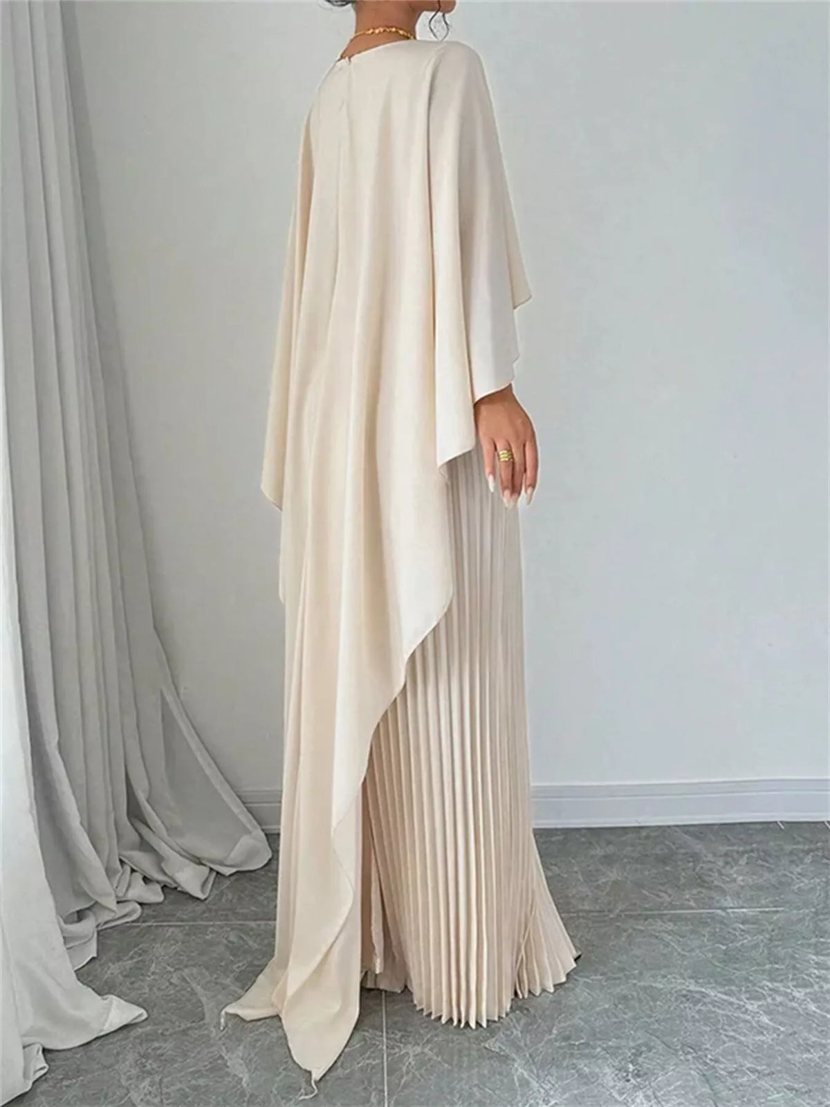 cape sleeve pleated maxi dress neckline detail