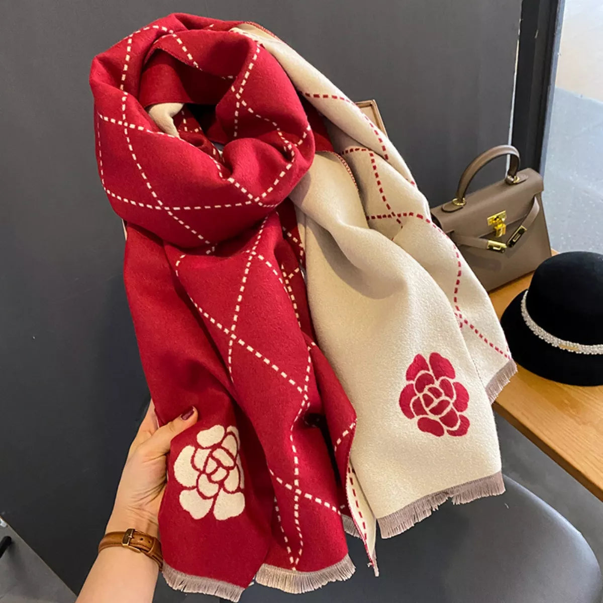 Raw hem scarf laid flat