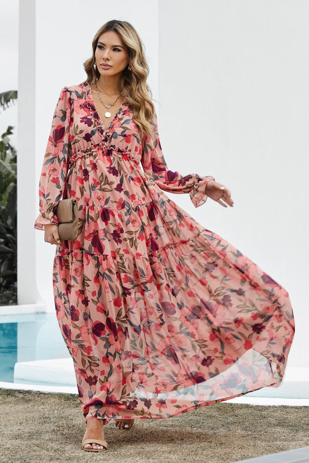 Floral Frill Trim Flounce Sleeve Plunge Maxi Dress - Fashorio