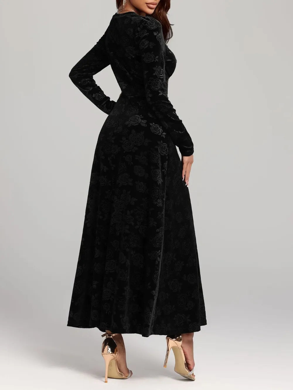 Rose Print V Neck Long Sleeve Dress back view