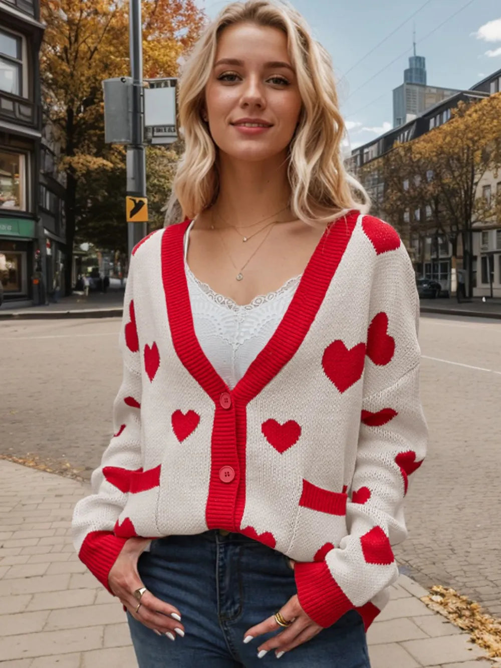 Heart Button Up Dropped Shoulder Long Sleeve Cardigan Beige - Fashorio