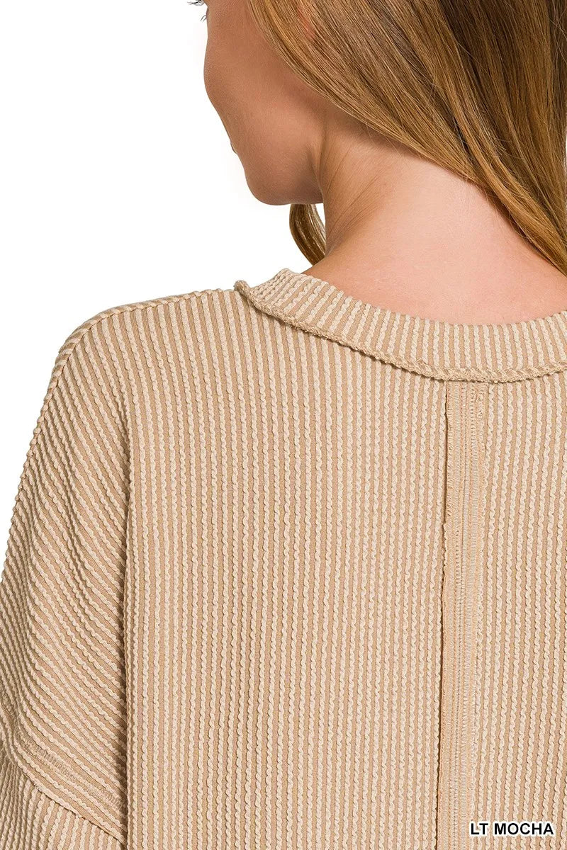 Zenana Long Sleeve Drop Shoulder Rib Top - Fashorio