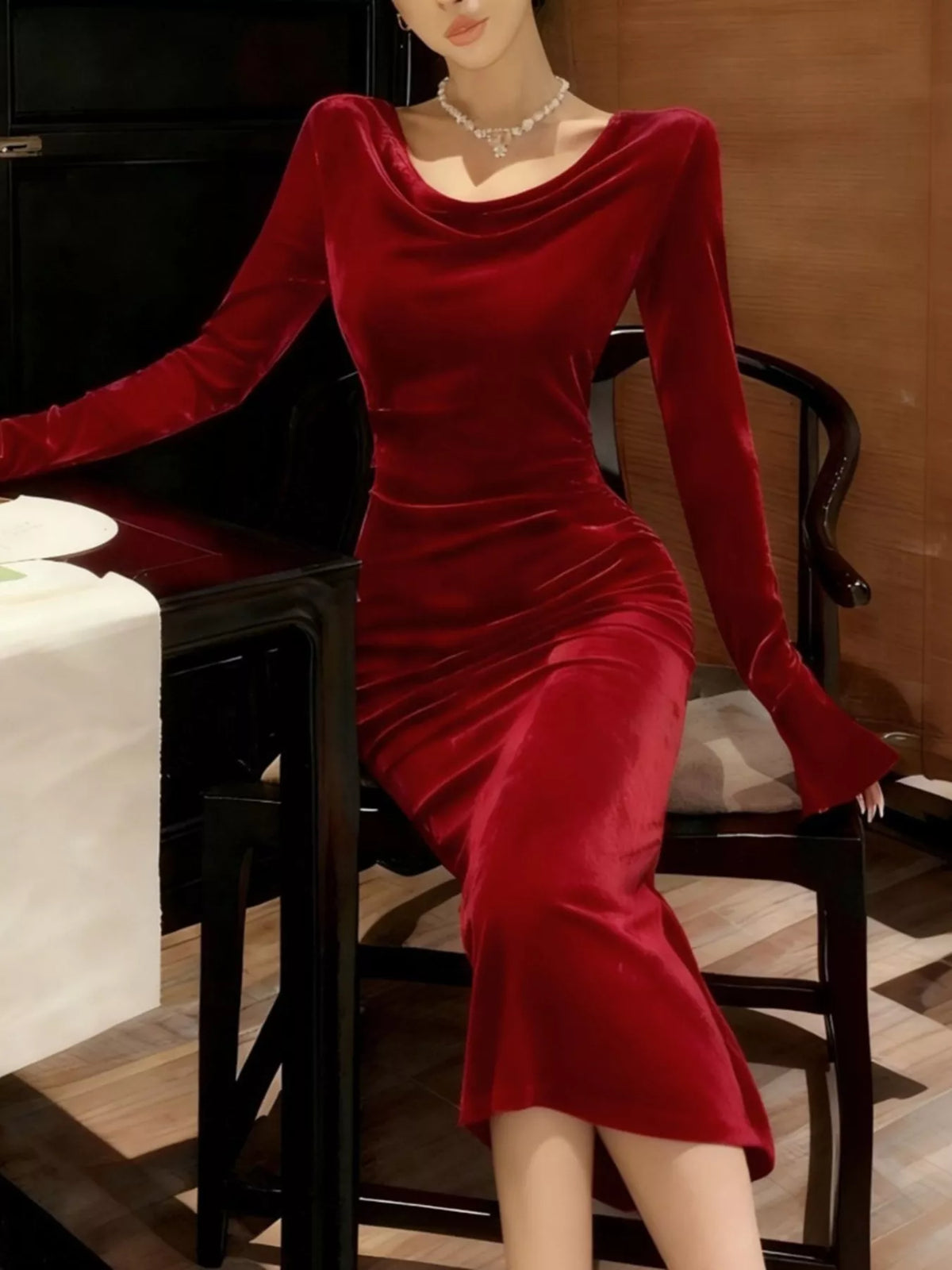 velvet cowl neck long sleeve midi dress back view
