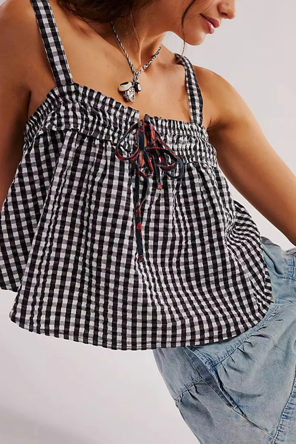 Tied Front Textured Square Neck Cami Top side view
