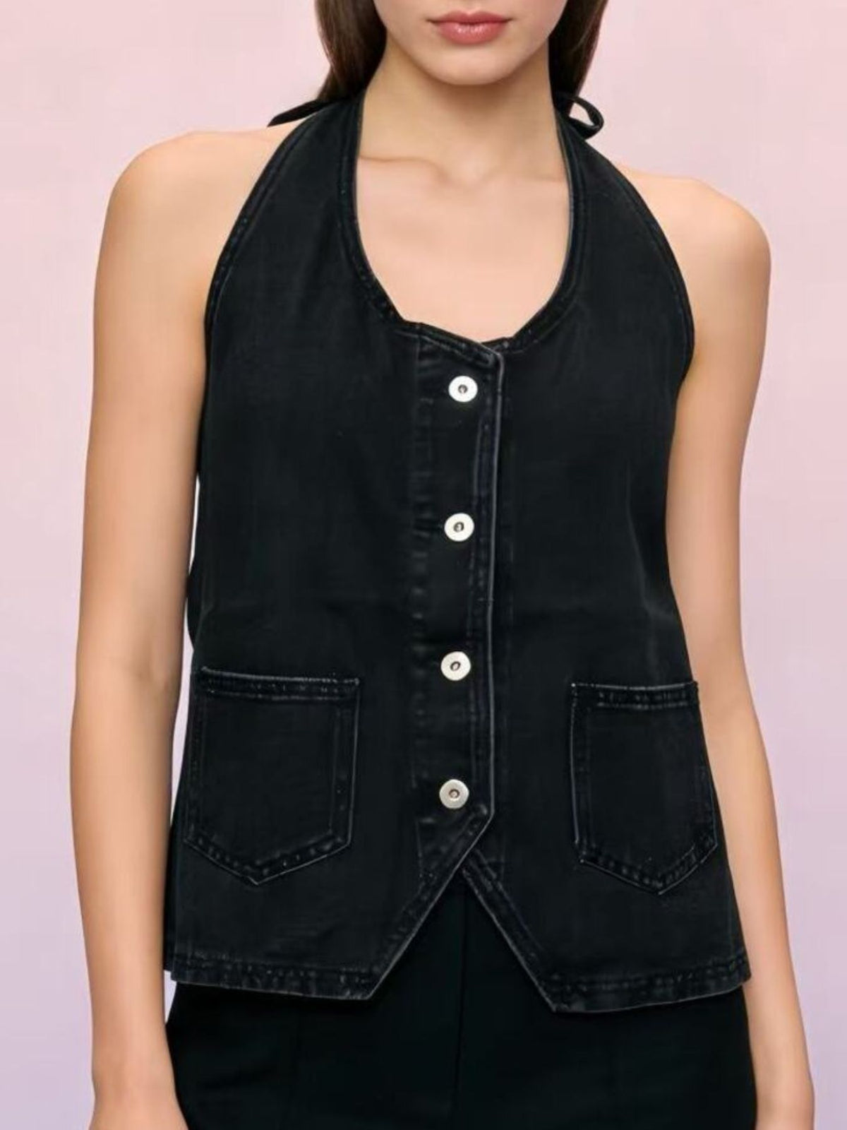 Halter Neck Button Down Denim Vest in Dark Blue view 14